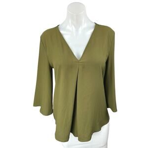 Ann Taylor Women's Green Pleated Long Bell Sleeve V-Neck Blouse Shirt Top Size S